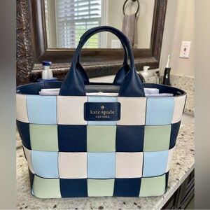 ♠️Kate Spade Basket Woven Leather Tote, Blue Multi NWT